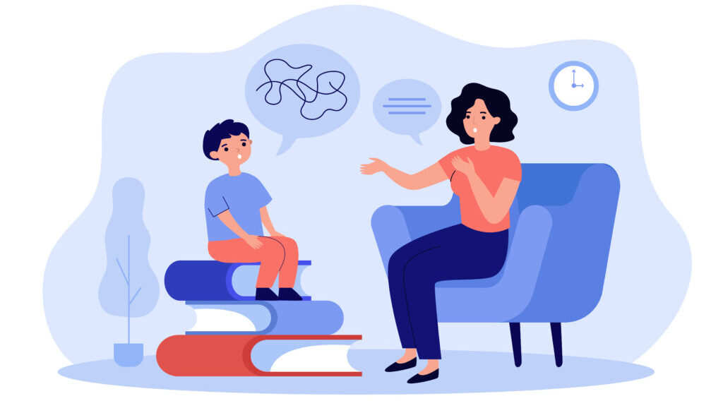 A child and parent talking.